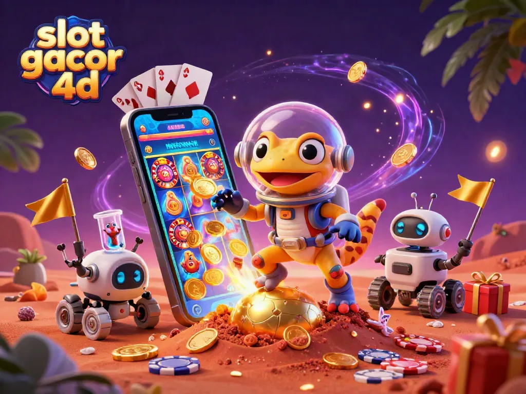Slot gacor 4d menghadirkan gecko Mars dan robot merayakan kemenangan kasino.