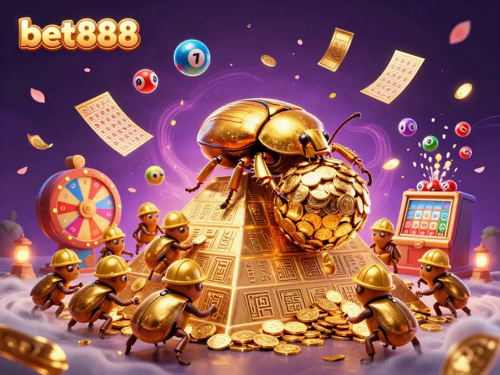 Experience the excitement of betting rewards with bet888 in a vibrant 3D casino scene featuring colorful lottery balls and golden coins.