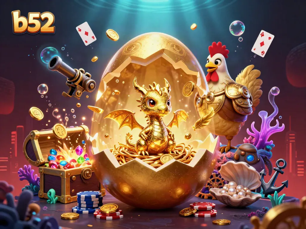 Engage with exciting gaming action at b52 featuring a golden dragon and poker chips.