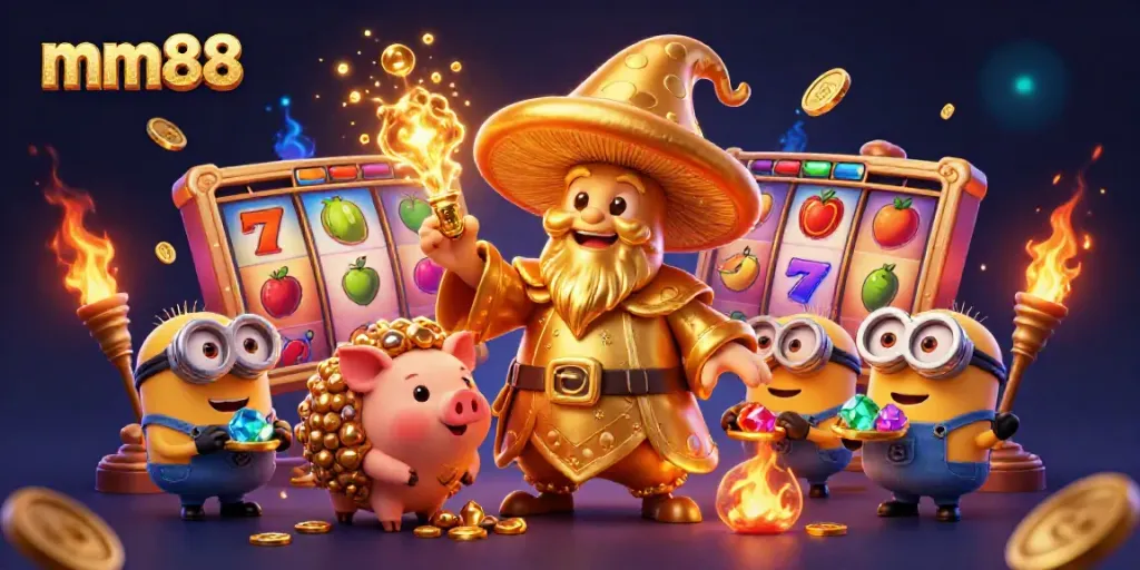 Transform your gameplay with mm88's golden wizard and truffle pig in a captivating casino scene.