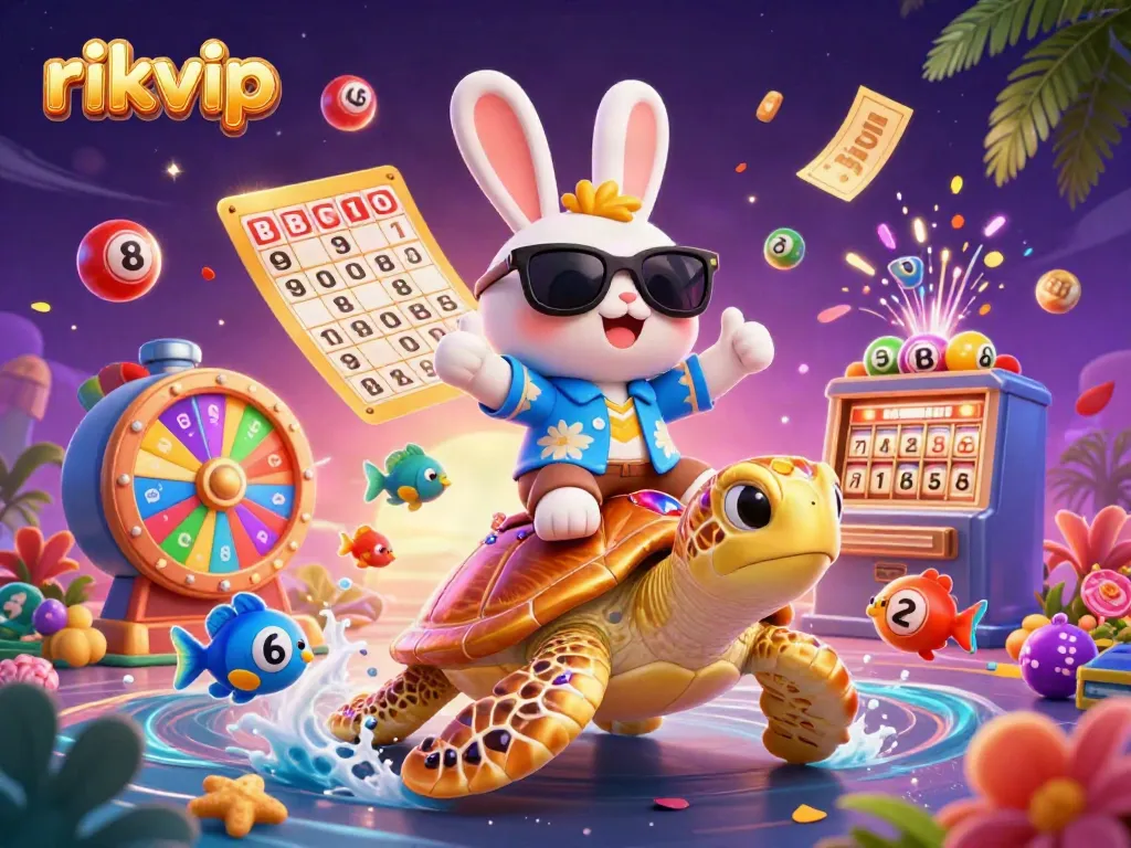 Engage with rikvip in this lively illustration, featuring a lucky rabbit and golden sea turtle amidst a vibrant casino scene.