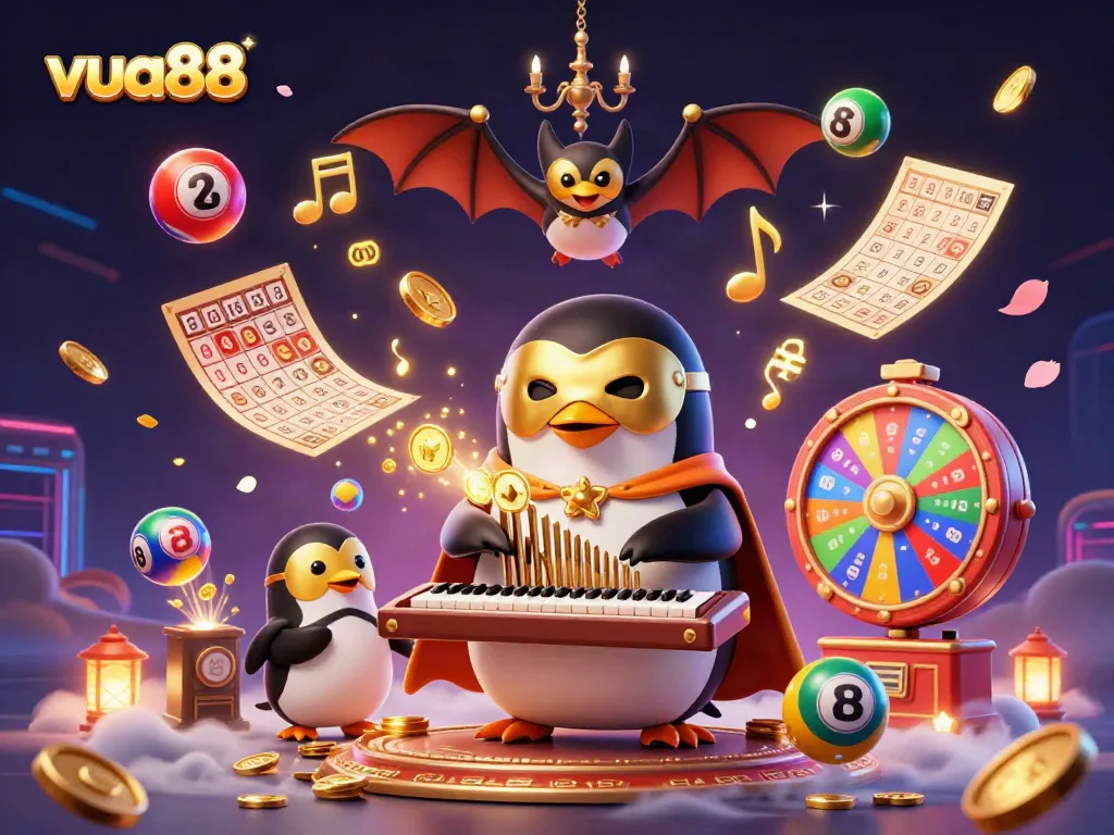 Experience the thrill of gambling with vua88 as colorful lottery balls bounce among golden coins and lively characters.