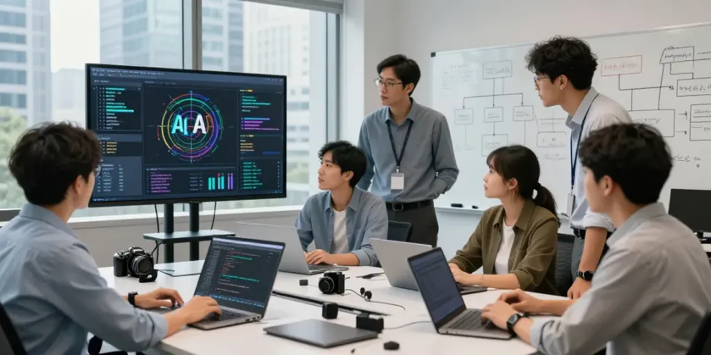 Team collaborating on Enterprise AI project in a modern office.