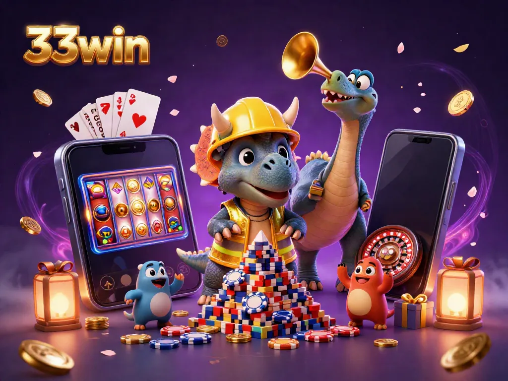Experience excitement with the 33win casino, featuring vibrant characters and festive casino elements.