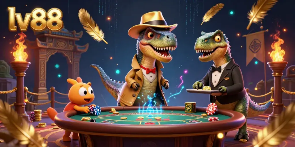 Experience the thrill of lv88 with a velociraptor card counter at a blackjack table, surrounded by dramatic casino elements.