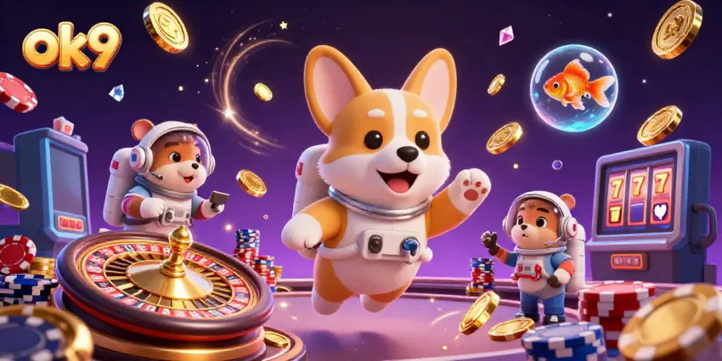 Spin and win at ok9 with 3D cartoon characters enjoying casino games in space.