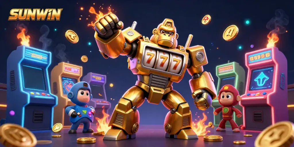 Experience the excitement of SUNWIN with a dynamic 3D casino illustration featuring a golden gorilla mech.
