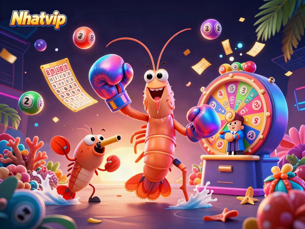 Nhatvip showcases an exciting lottery scene with colorful balls and dynamic game elements.