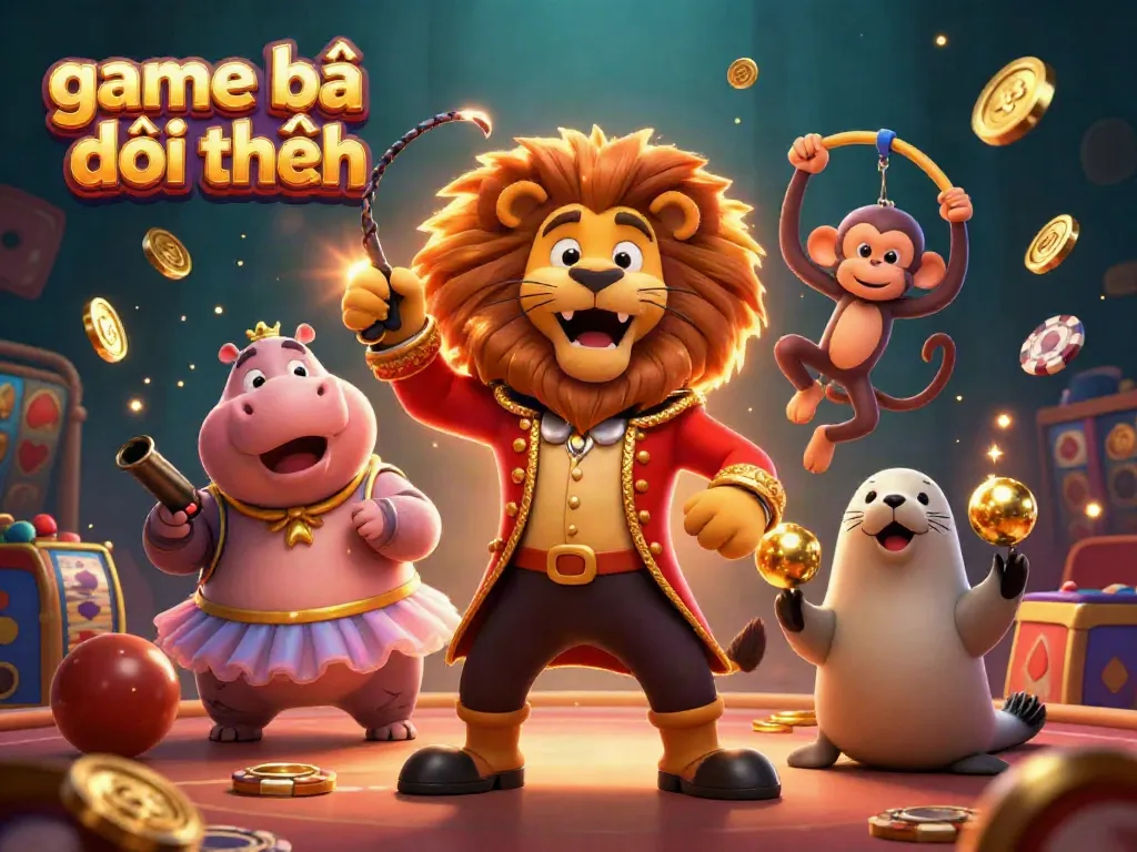 Play exciting game bài đổi thưởng with a vibrant circus scene featuring a lion, hippo, monkey, and seal.