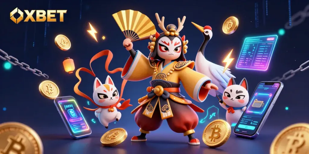 Engage with OXBET's vibrant atmosphere featuring a kabuki warrior, crypto elements, and energetic decorations.