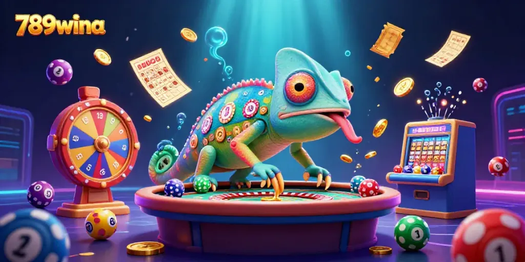 Engage with the vibrant 789wina casino scene featuring a colorful chameleon owner, lottery balls, and prize elements.