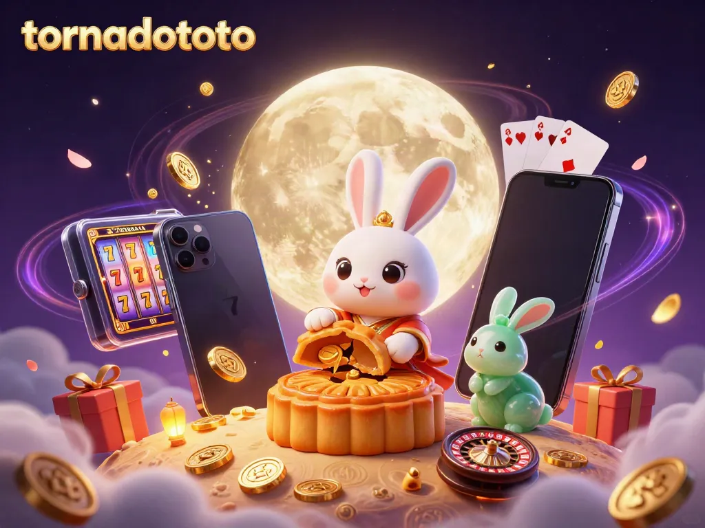 Spin the reels with tornadototo's moon rabbits amidst gold coins and vibrant slots!
