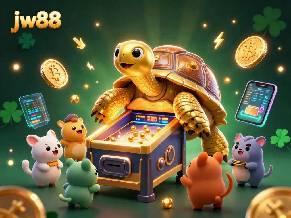 Spin and win with jw88 in a vibrant casino-themed illustration showcasing cryptocurrency elements.