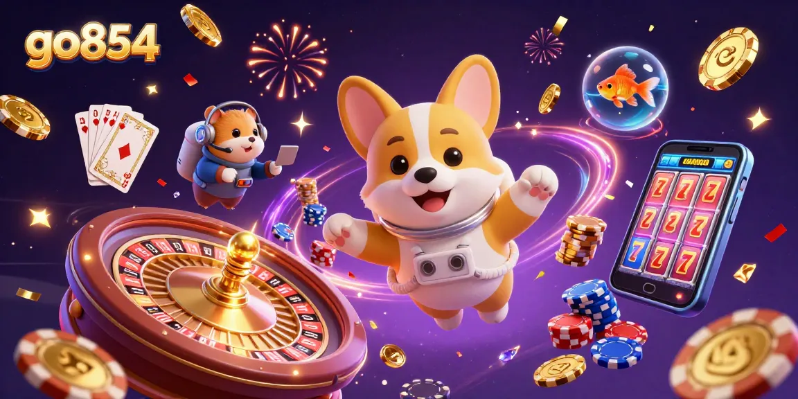 Experience go854’s vibrant casino universe with 3D astronaut corgi and festive gaming elements.
