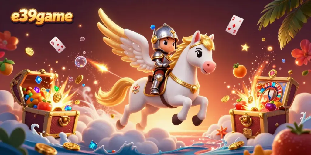 Experience thrilling slots with e39game as a celestial horse gallops through a vibrant winning scene.