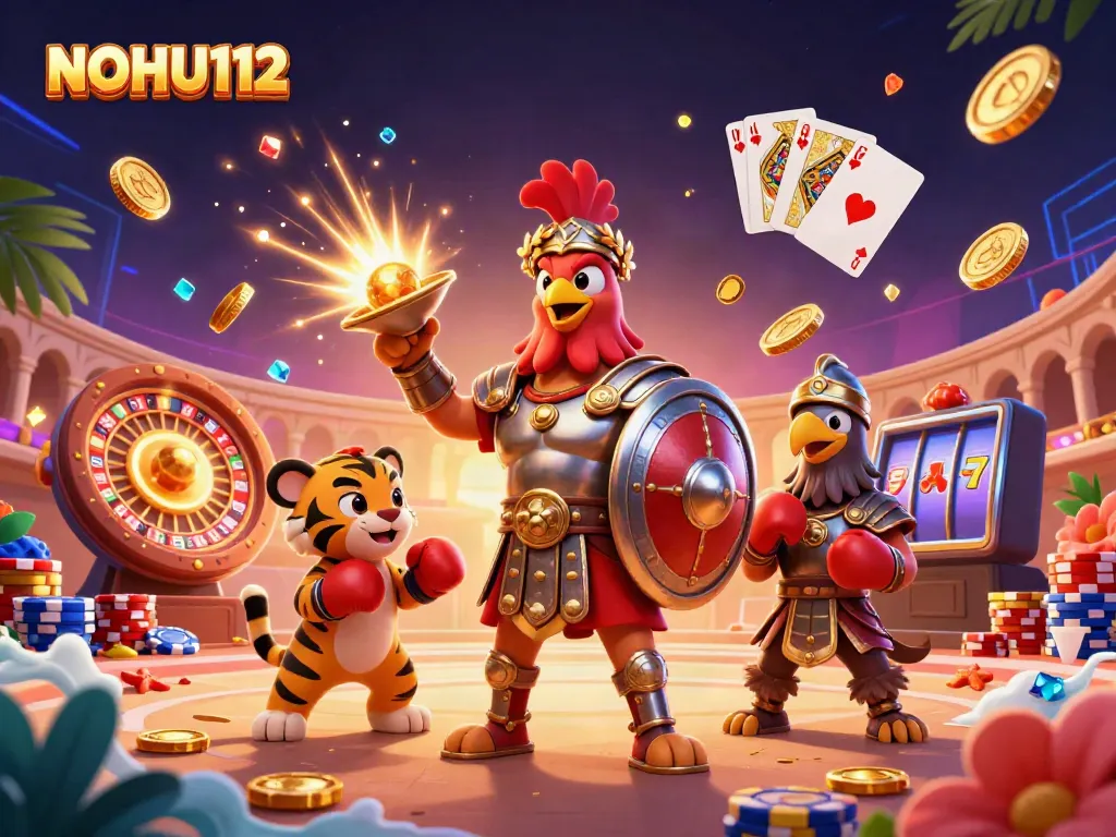 Experience epic fun at NOHU112 with a dynamic casino scene featuring exciting games and characters.