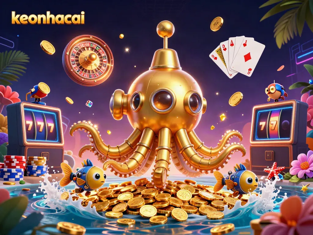 Engage with keonhacai as a dynamic kraken submarine emerges through golden coins, showcasing elite gaming elements.