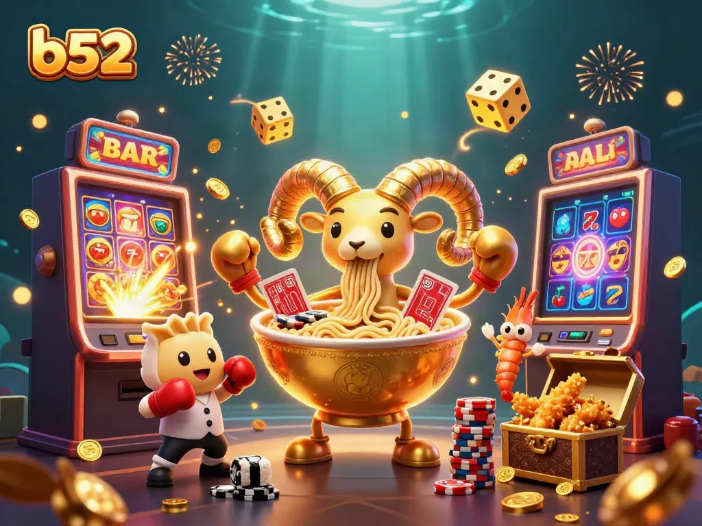 B52 cartoon casino scene with a giant ramen bowl dealer, gyoza companion, and dynamic game elements.