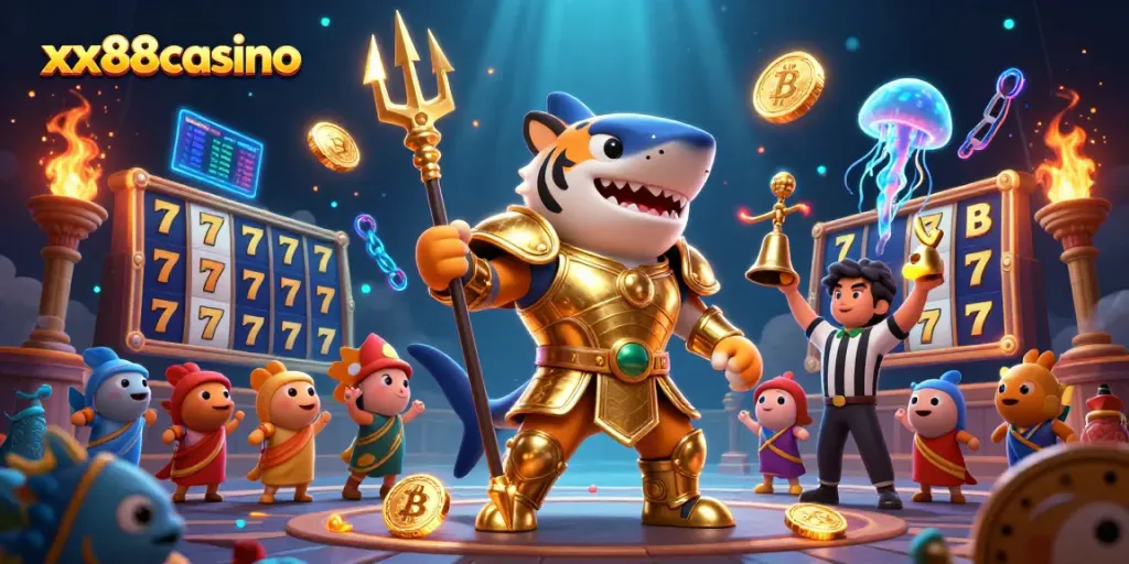 Experience vibrant action at xx88casino with a tiger shark and thrilling slot reels in a dynamic underwater scene.