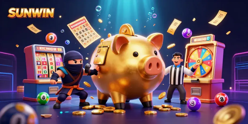 Experience SUNWIN action with a dynamic scene featuring a golden piggy bank battling in a vibrant casino environment.