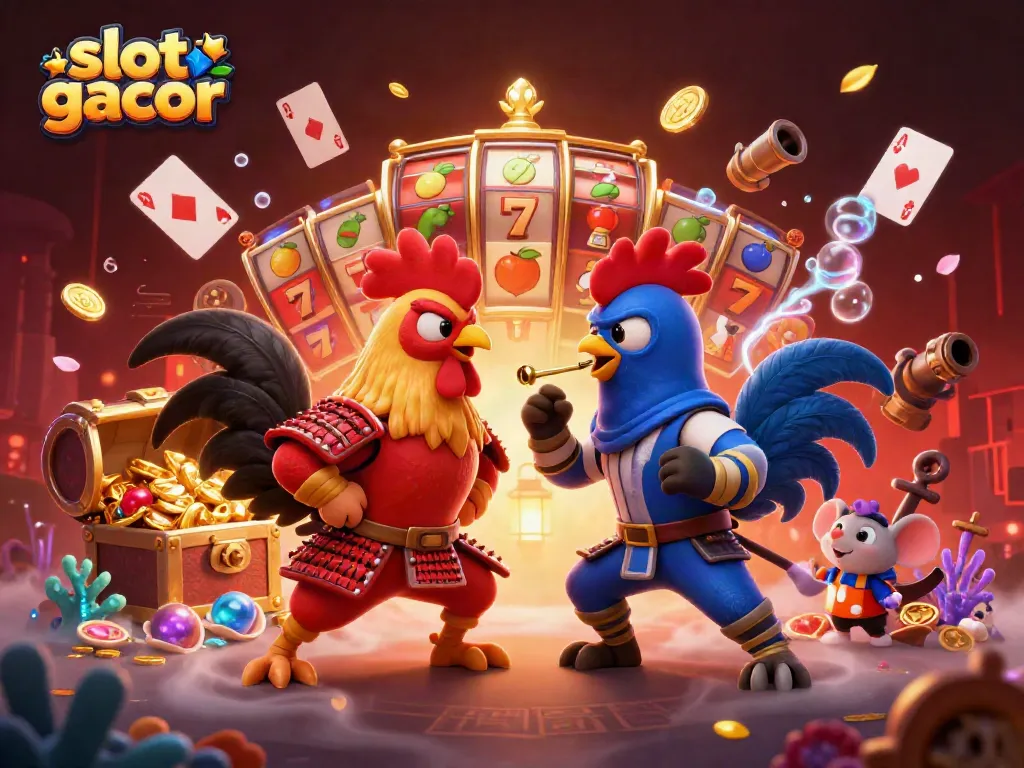 Engage in the thrilling action of slot gacor with cartoon roosters in a vibrant casino scene.