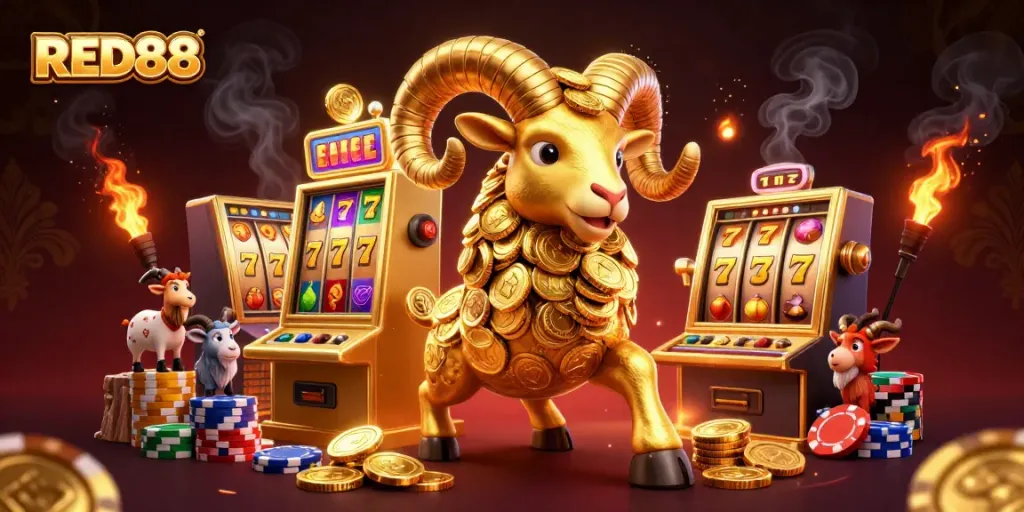Engage in thrilling gameplay at RED88 with vibrant slot machines and colorful casino symbols.