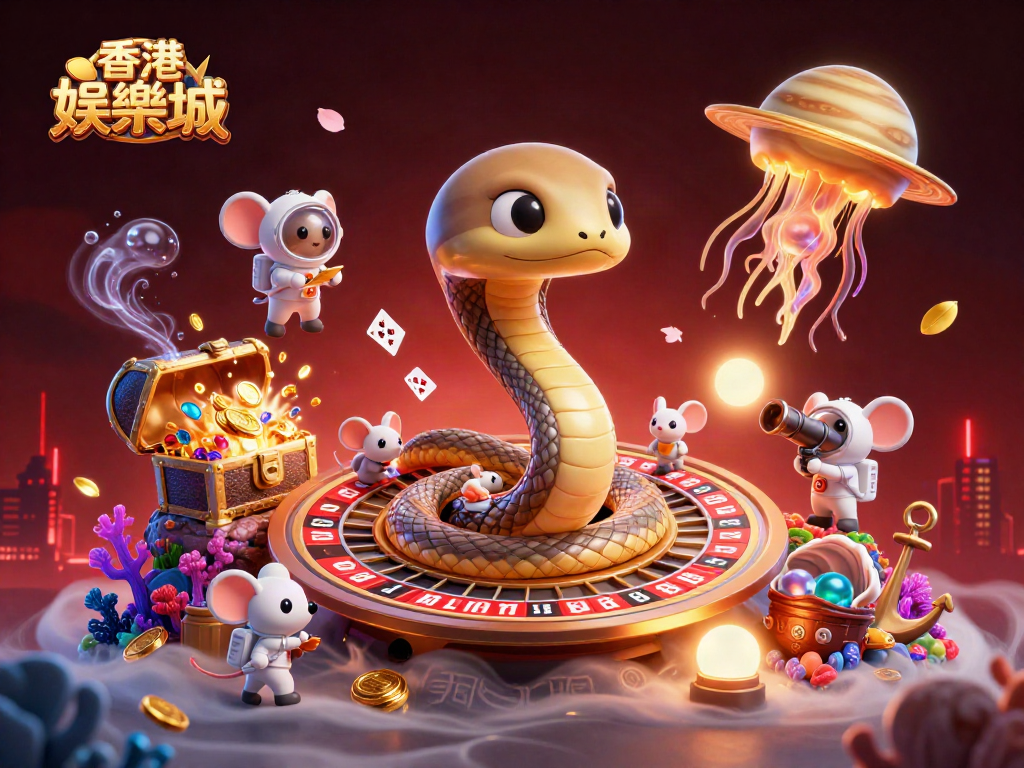 在這幅插圖中,香港娛樂城的角色透過輪盤遊戲展現娛樂的精華,富有視覺吸引力與玩樂氛圍。
