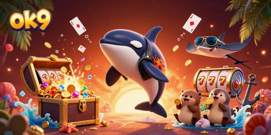 ok9 showcases a lively casino scene with an orca in a biker jacket, otters with coins, and floating poker cards