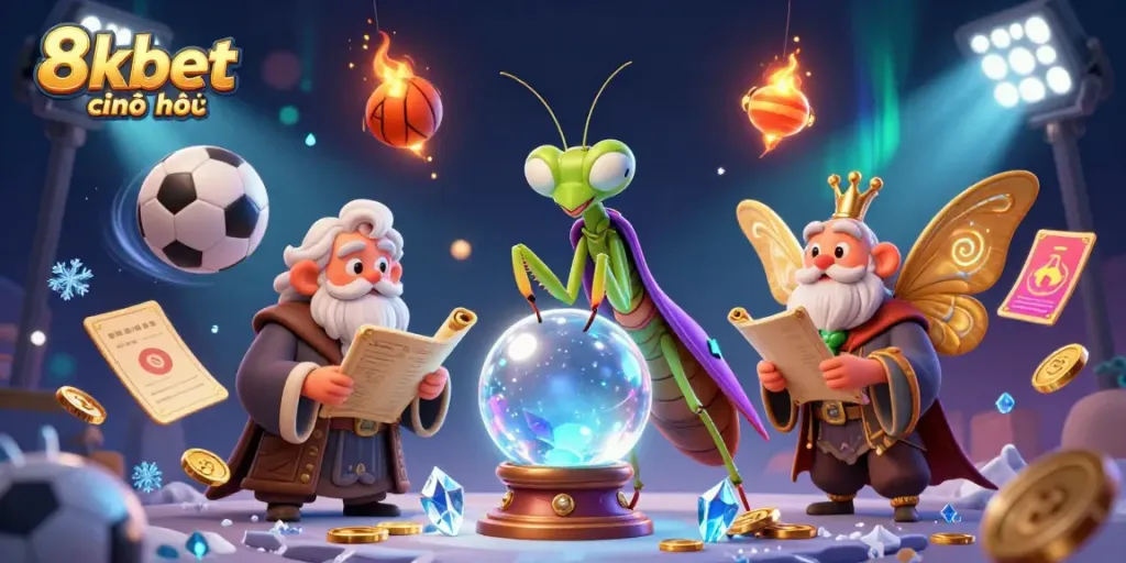 Engage with 8kbet chính thức in a vibrant 3D casino scene with fantasy elements.