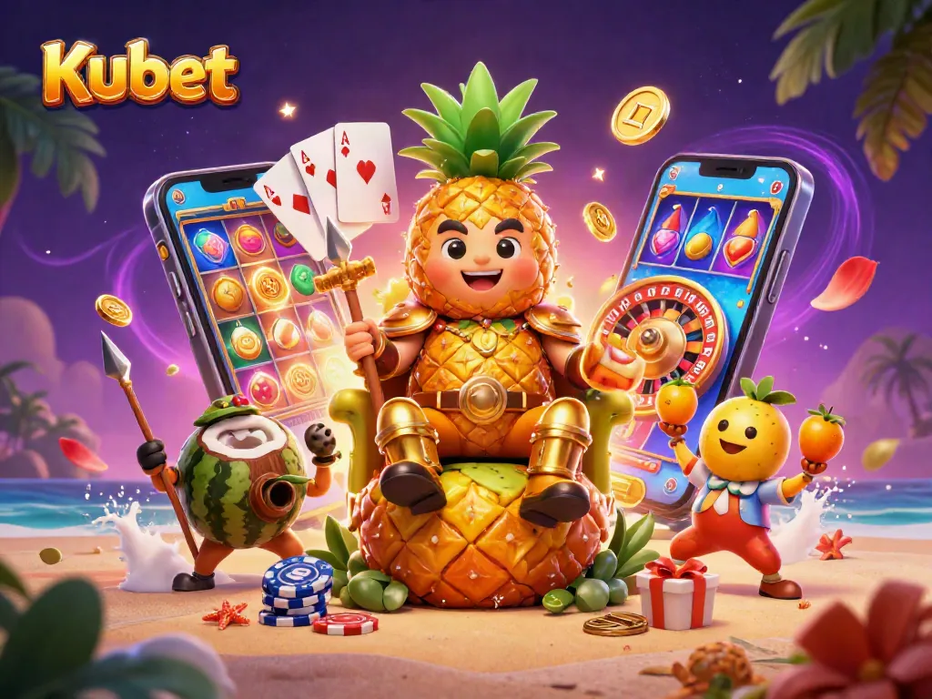 Kubet engages players with a vibrant casino scene featuring a golden pineapple king, jester, and dynamic gaming elements.