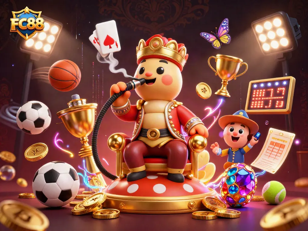 Engage in thrilling games and betting excitement with FC88's vibrant cartoon illustration featuring a hookah-master and sports elements.