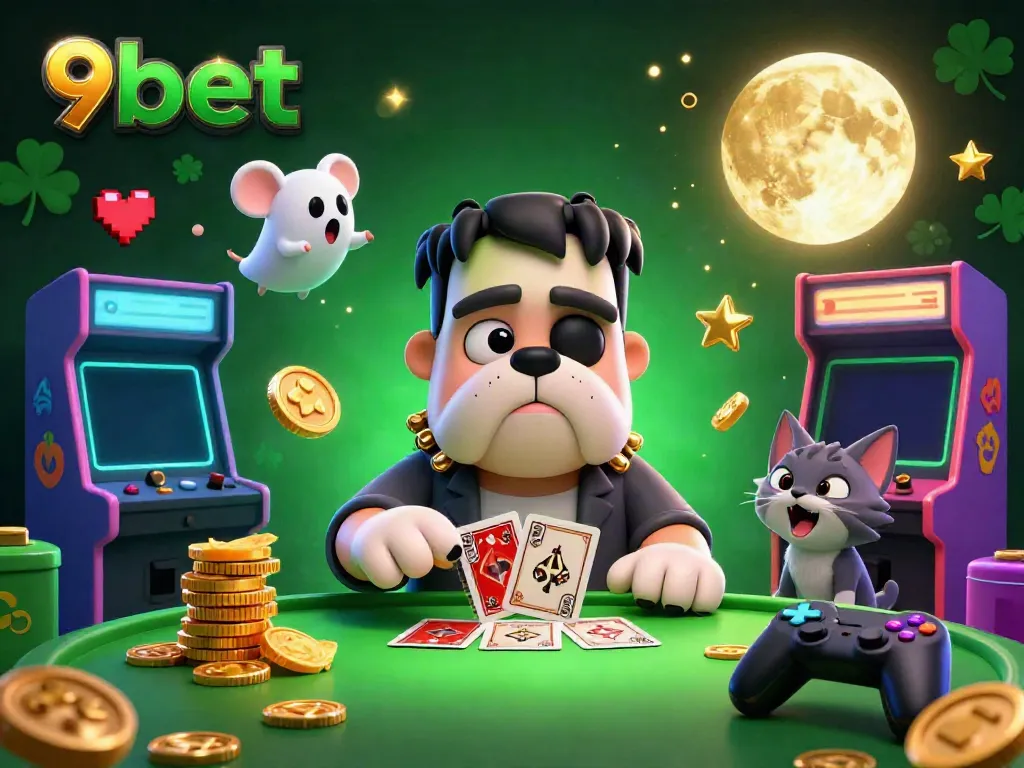 Experience thrilling casino action with 9bet in this lively 3D illustration featuring a card-dealing bulldog and spooky game elements.