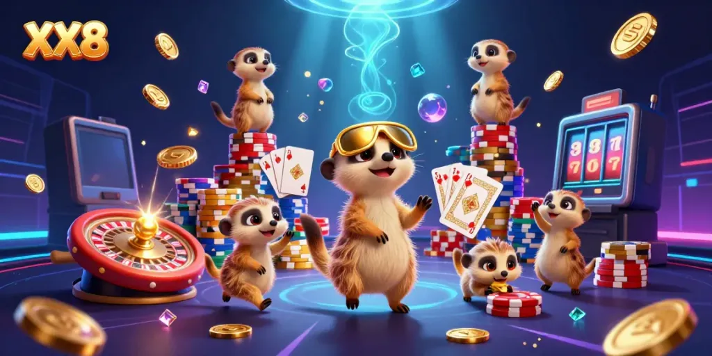 Winning strategies with XX8 illustrated through energetic meerkats running an exciting casino operation.