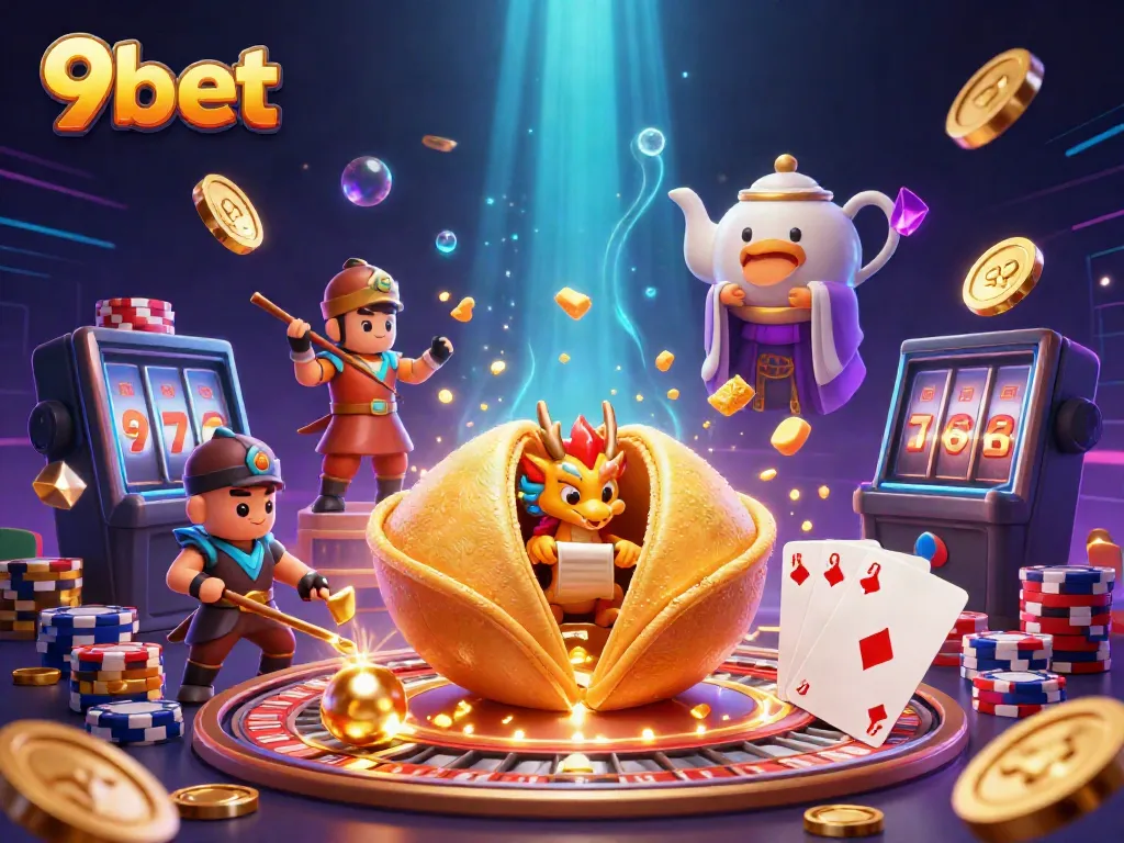 Experience the excitement of 9bet with a vibrant 3D casino illustration featuring a golden fortune cookie and dynamic game elements.