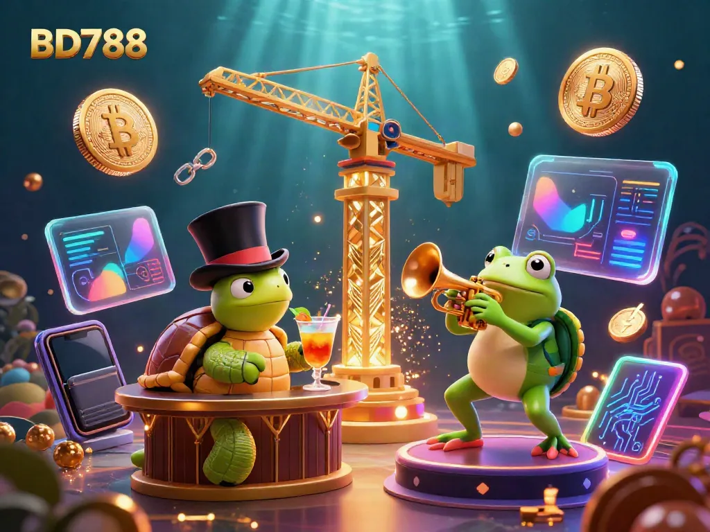Engage with BD788's vibrant casino atmosphere featuring cartoon characters amidst floating cryptocurrency elements.