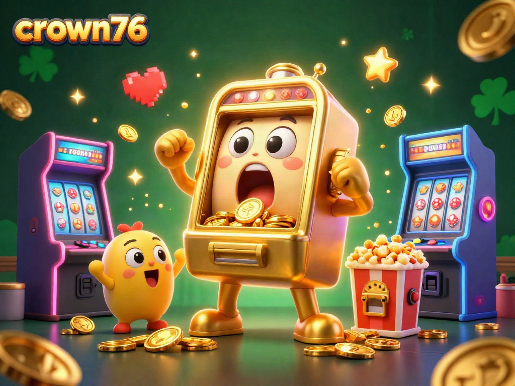 Crown76 slot machine hits jackpot with golden coins pouring while machines cheer in a vibrant casino scene