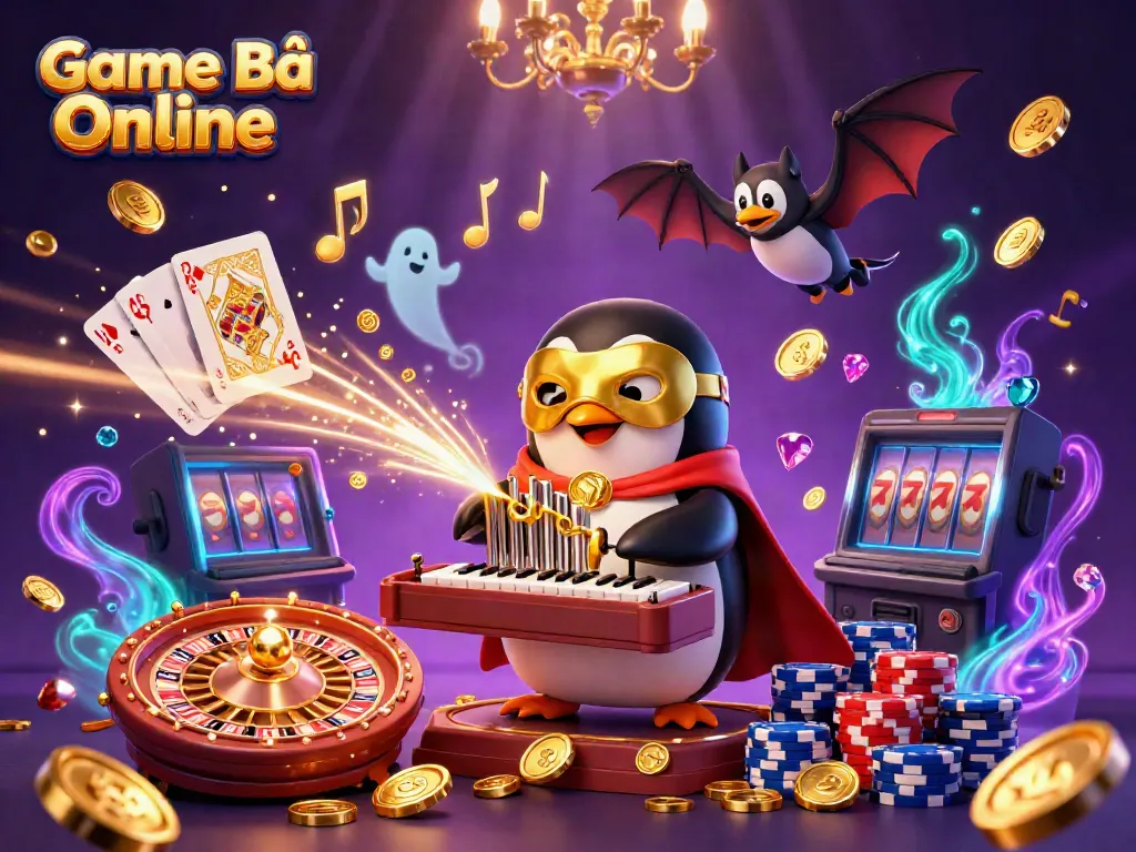 Experience the excitement of Game Bài Online in this vibrant, dynamic illustration featuring a phantom penguin playing an organ amidst flying coins and poker chips.