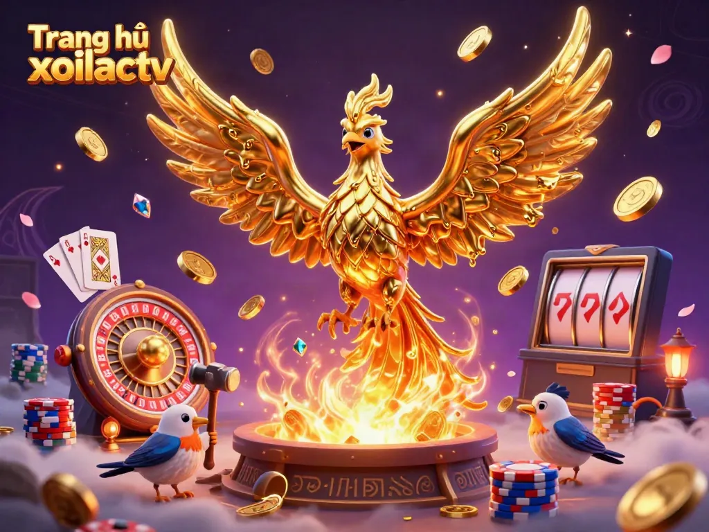 Join the excitement of gambling with Trang chủ xoilactv featuring a molten golden phoenix, poker chips, and vibrant game elements.
