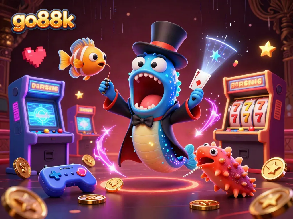 Engage with go88k's vibrant casino scene featuring characters performing magic tricks amidst colorful gaming elements.