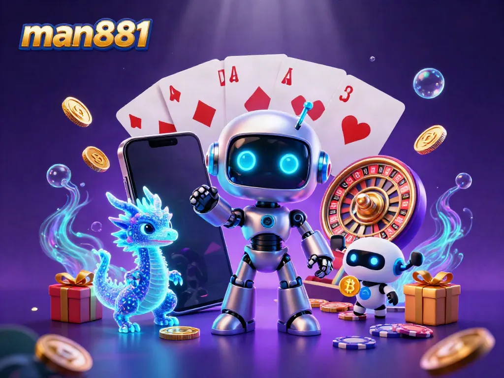 Win exciting rewards with man881’s vibrant casino games and engaging characters in a dynamic 3D illustration.