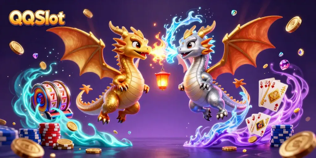 Experience QQ Slot with magical dragons and dynamic casino elements in an enchanting 3D scene.