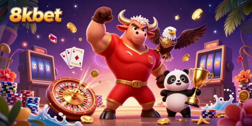 Experience the thrill of gaming with 8xbet's vibrant casino-themed digital illustration.
