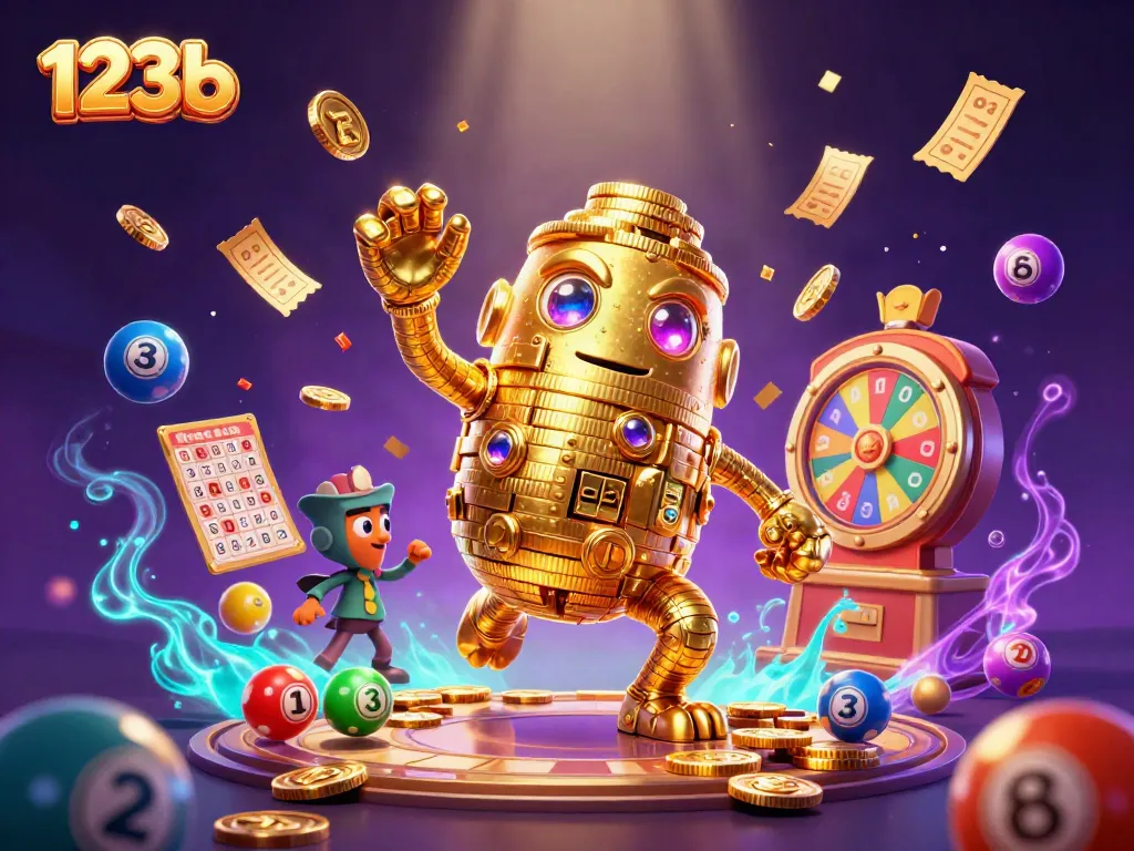 Spin the reels with 123b in a vibrant casino scene filled with golden coins, bingo cards, and lottery elements.