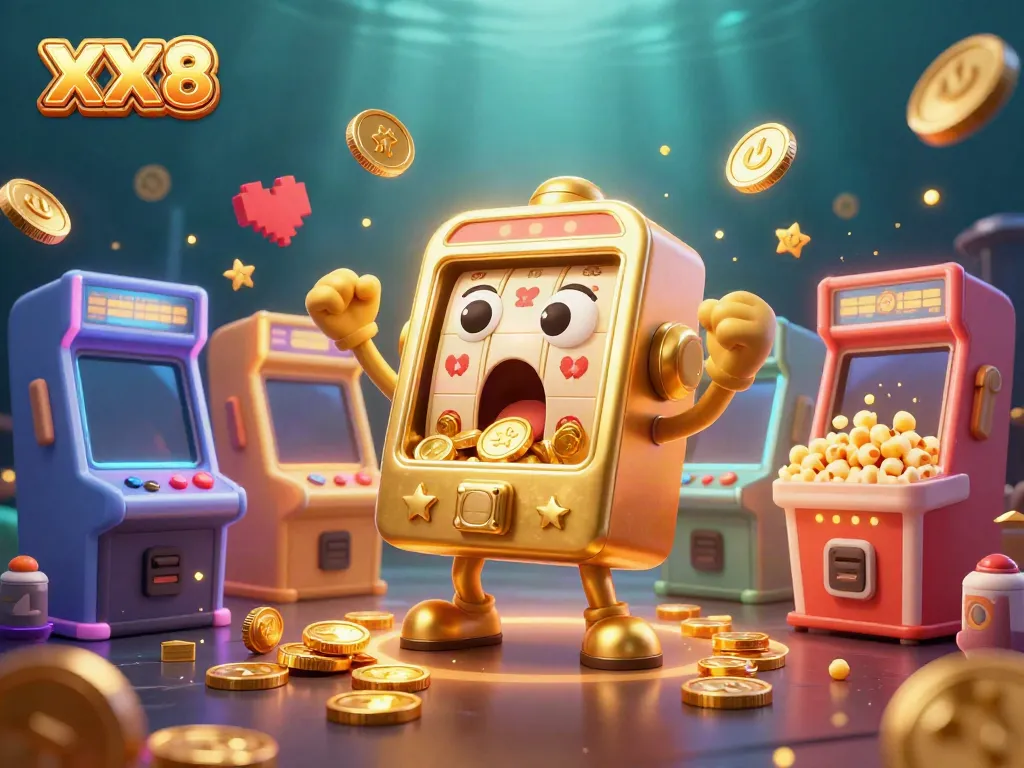 Celebrate jackpots with XX8’s golden slot machine amidst cheering baby slots and popcorn machine.