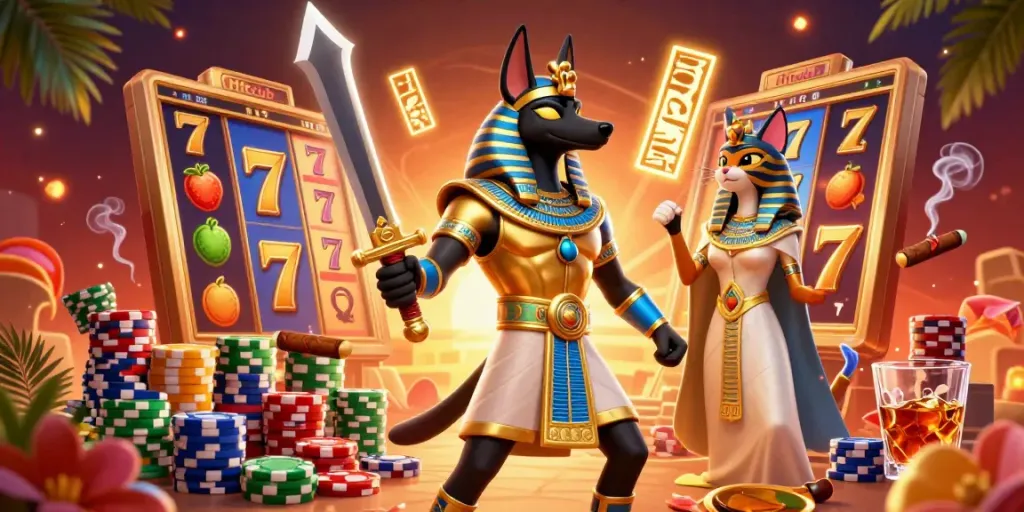 Experience the excitement of Hitclub with vibrant slot reels, Anubis, and Bastet in a dynamic casino atmosphere.
