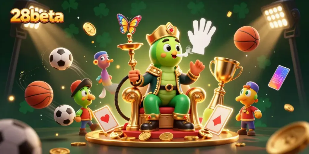 Experience thrilling gaming at 28beta with a whimsical 3D casino scene and sports elements in motion.