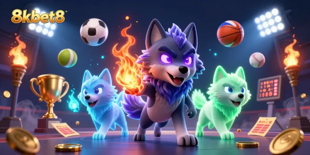 Experience thrilling betting action with 8xbet8 featuring a dynamic scene of sports balls and ghostly wolves.