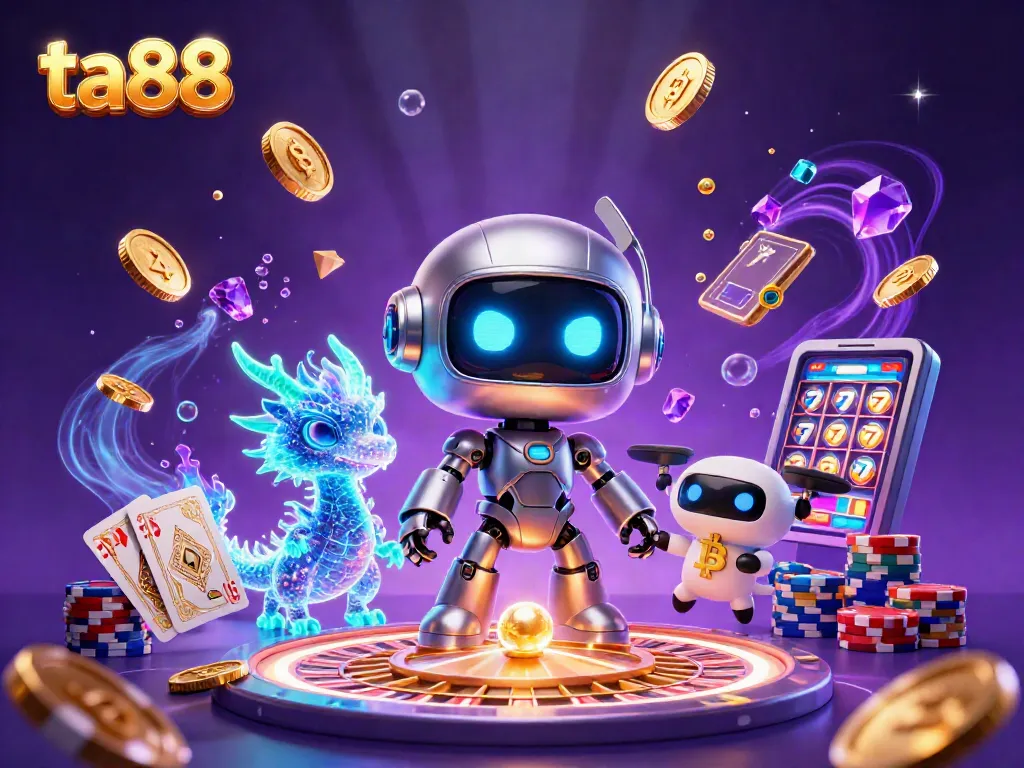 ta88 entertains with neon-themed robot and holographic dragon in a lively casino atmosphere
