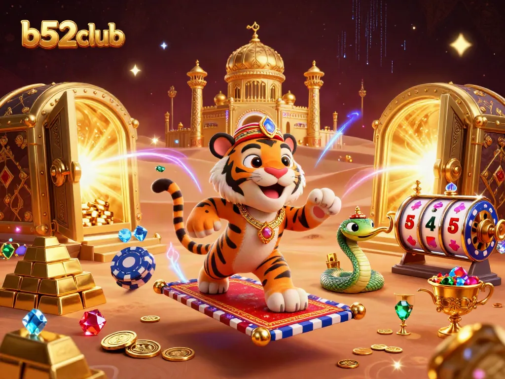 Experience excitement at b52club with a vibrant casino scene featuring a tiger sultan and treasures.