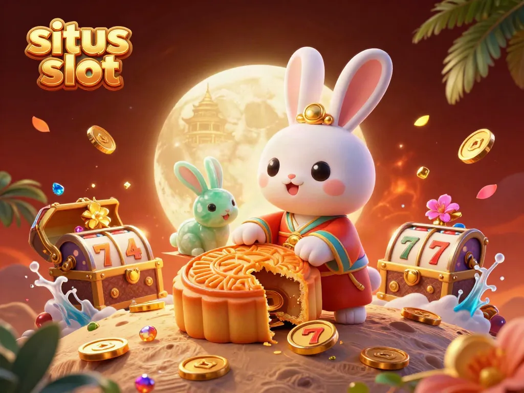 Experience playful 3D moon rabbits juggling poker chips in a vibrant situs slot scene.